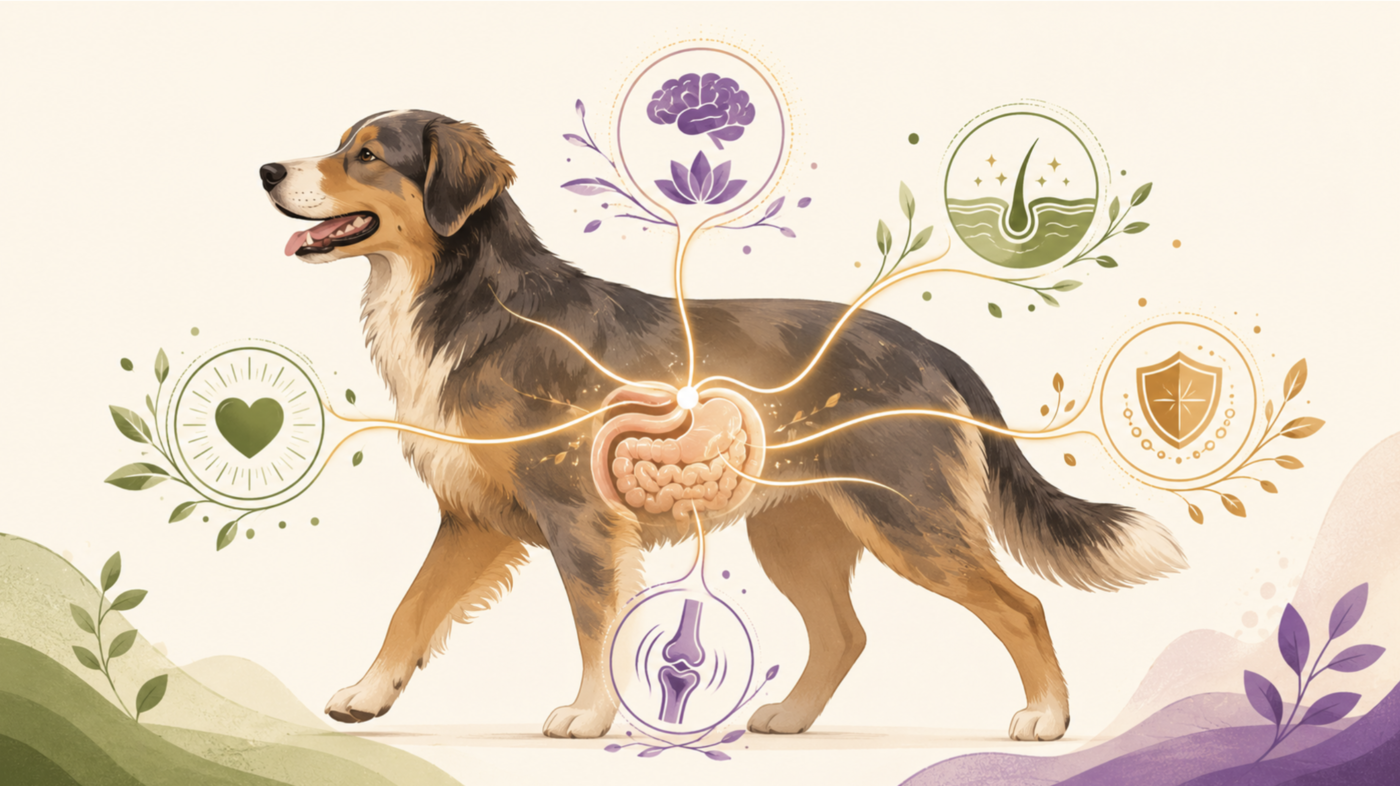 Illustration of a dog highlighting the gut, brain, skin, joint, heart and immune system supported by Bonza Bites