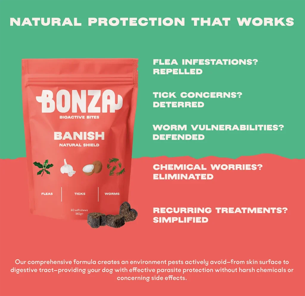 Bonza Banish Nahrungsergänzungsmittel Hochwirksame natürliche chemiefreie Flohbehandlung für Hunde