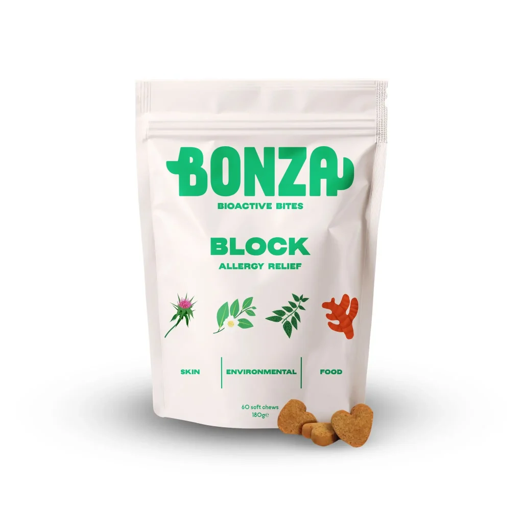 Bonza Nahrungsergänzungsmittel Block Natürliches Antihistaminikum für Hunde mit Flohallergie und Dermatitis FAD