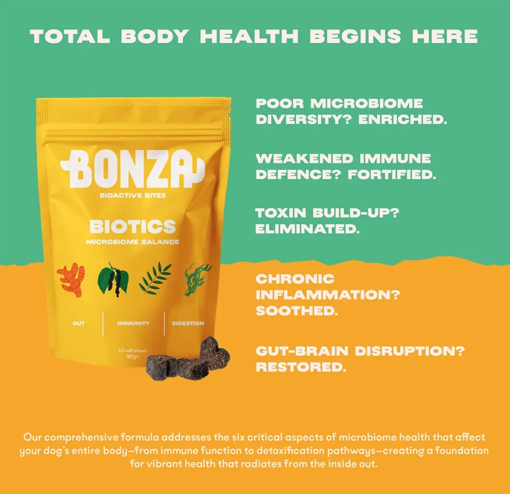 Bonza Biotics Mordeduras bioactivas Suplementos prebióticos probióticos postbióticos para perros Sistema inmunitario Microbioma Eliminación de toxinas y reducción de la inflamación