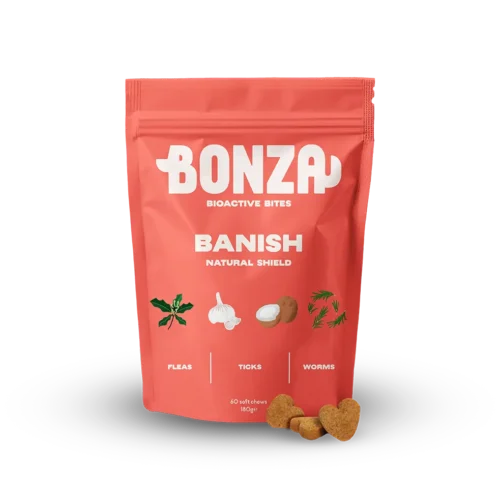 Bonza supplementen Banish - Natuurlijk afweermiddel tegen vlooien, teken en wormen en behandelingssupplement voor honden
