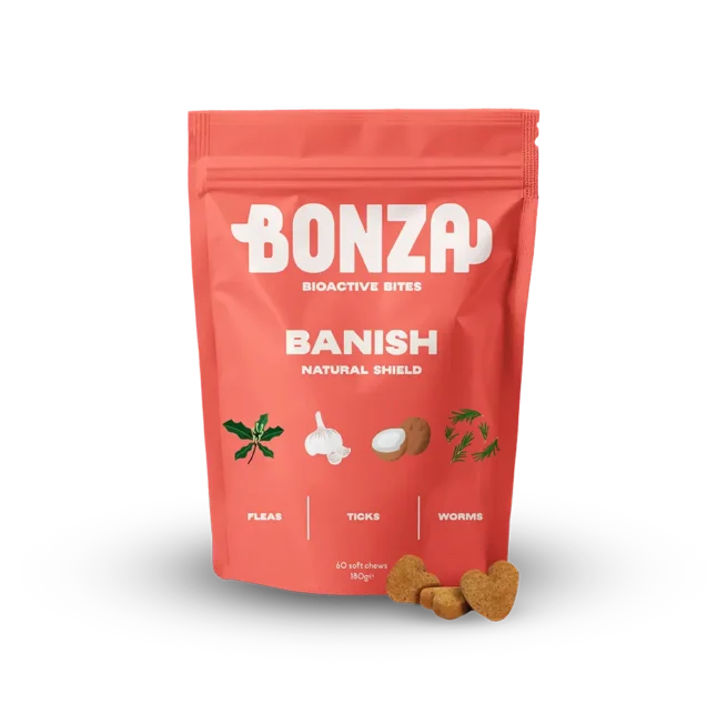 Bonza Supplements Banish - Natural Flea Tick and Worm Repellent and Treatment Supplement for Dogs