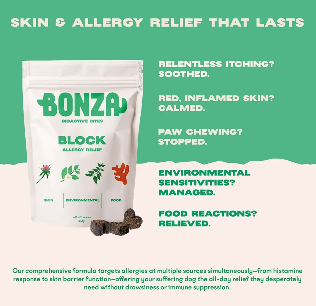 Bonza Block Supplements Natural Antihistamine Supplement Highly Effective Skin and Seasonal Allergy Relief for Dogs