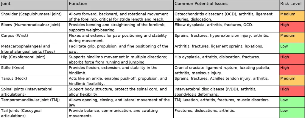 Dog Joints - Guide to Common Potential Issues and Risk Likelihood Table