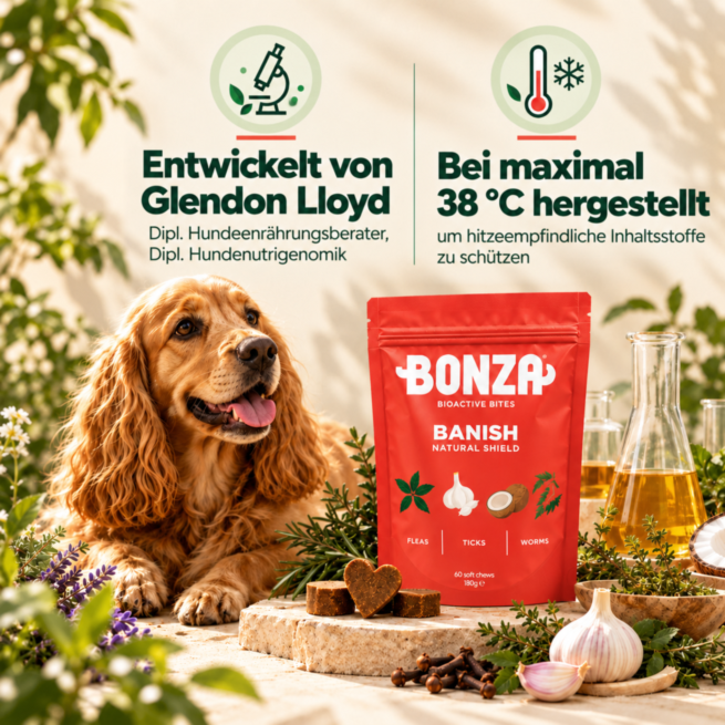 Bonza Banish, entwickelt von Glendon Lloyd, Dip. Canine Nutrition, Dip. Dog Nutrigenomics