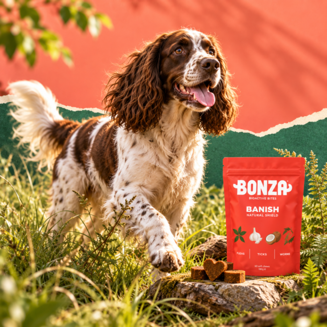 Hund läuft draußen durch hohes Gras
