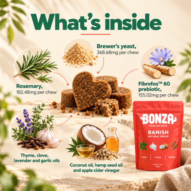 Bonza Banish brewers yeast rosemary and botanical ingredients for dogs