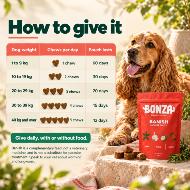 Bonza Banish feeding guide chews per day by dog weight