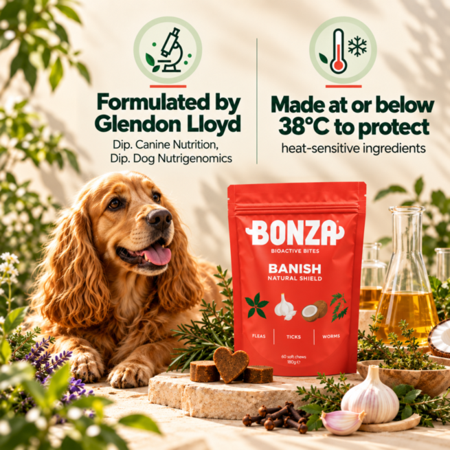 Bonza Banish formulated by Glendon Lloyd Dip. Canine Nutrition Dip. Dog Nutrigenomics