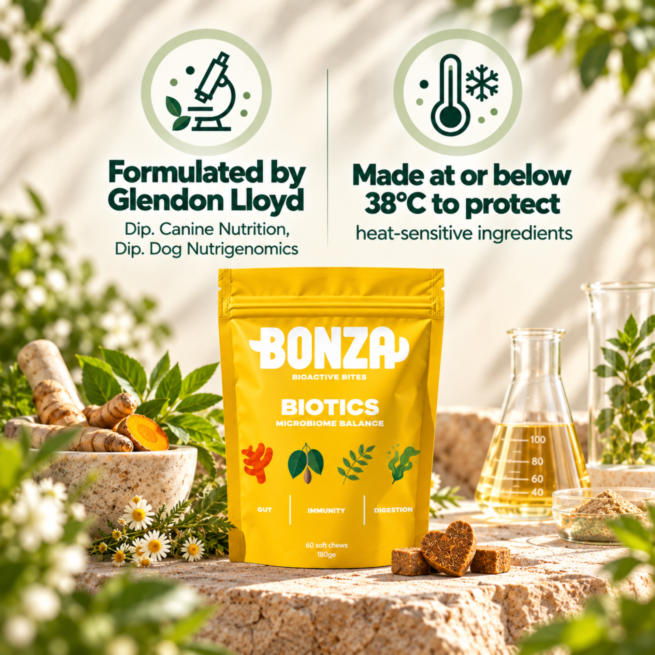 Bonza Biotics formulated by Glendon Lloyd Dip. Canine Nutrition Dip. Dog Nutrigenomics