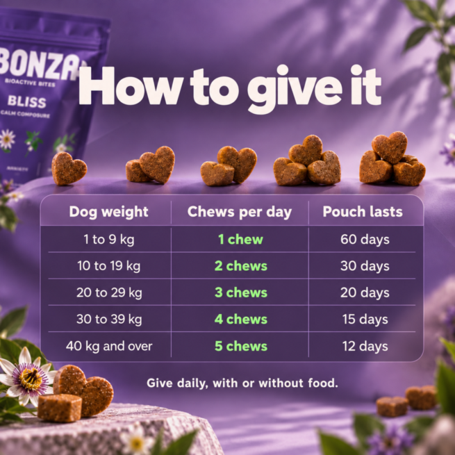 Bonza Bliss feeding guide chews per day by dog weight