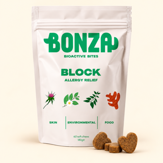 BONZA ALLERGY RELIEF BiIOACTIVE BITES  NATURAL FUNCTIONAL SUPPLEMENTS  TREATS FOR DOGS