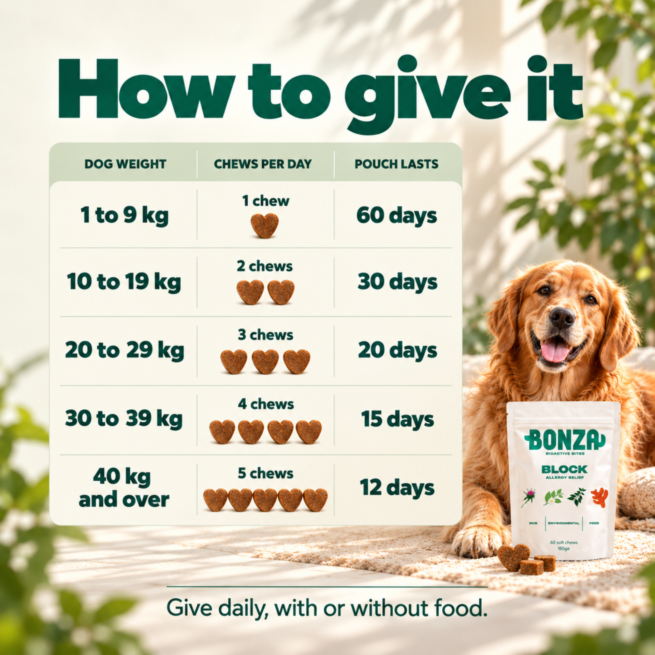 Bonza Block feeding guide chews per day by dog weight