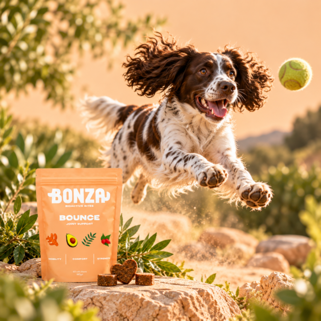 Dog running and jumping with Bonza Bounce joint supplement