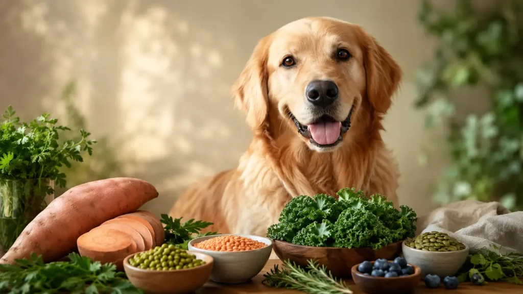Healthy golden retriever beside whole plant ingredients, including sweet potato, peas, lentils and kale, for plant-based dog food