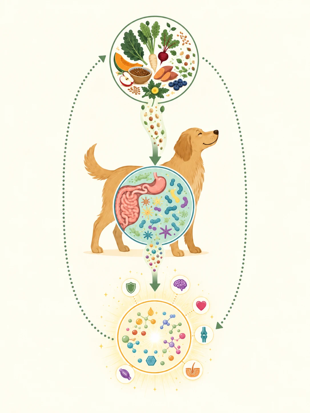 How Bonza works: whole foods feed the gut microbiome, which produces the compounds that support the whole dog, in a continuous cycle