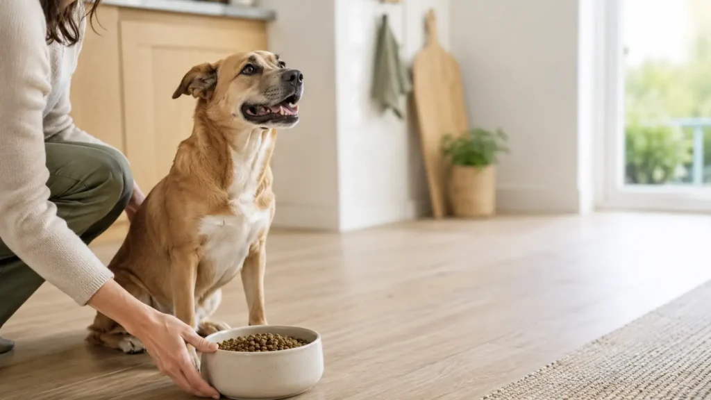 Healthy dog waiting eagerly beside a bowl of food as its owner serves a measured portion, illustrating a dog feeding calculator.