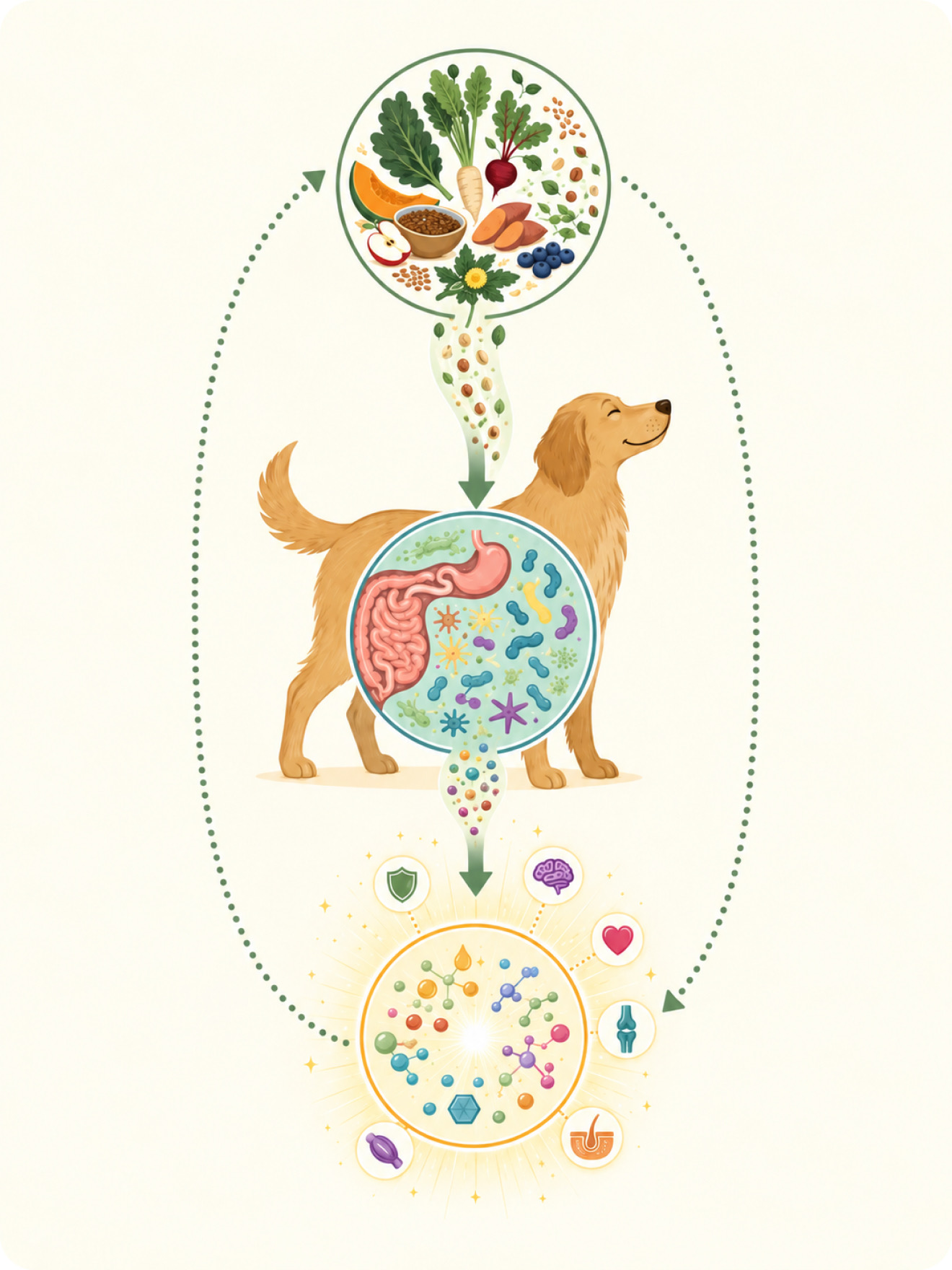 Diagram of gut-first nutrition: whole-food ingredients feed the gut microbiome, which delivers targeted support to the immune system, brain, heart, joints and skin