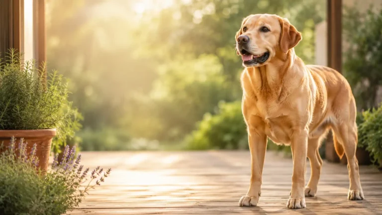 Healthy mature Labrador standing comfortably on a sunlit wooden deck beside rosemary and lavender