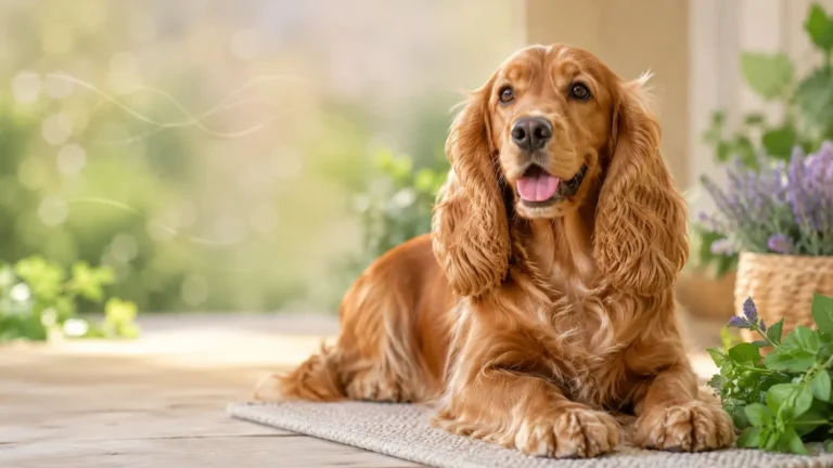 Healthy cocker spaniel with a glossy coat resting beside fresh herbs and lavender