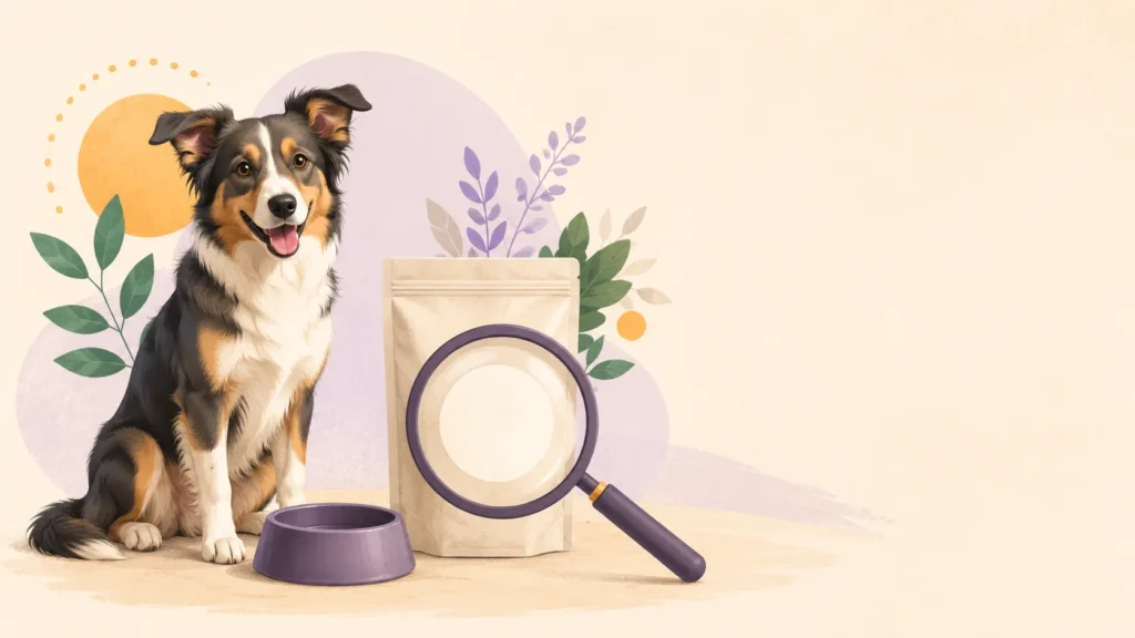 Un perro tricolor muy feliz junto a una bolsa de comida para perros sin adornos y un cuenco, con una lupa sobre una etiqueta en blanco del envase, examinando las propiedades de la comida para perros aprobadas por los veterinarios.